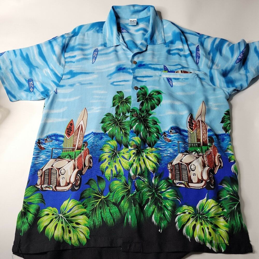 Uluwatu HAWAIIAN Shirt Large Surfer Woody Cruiser Longboard Palms Beach Pocket